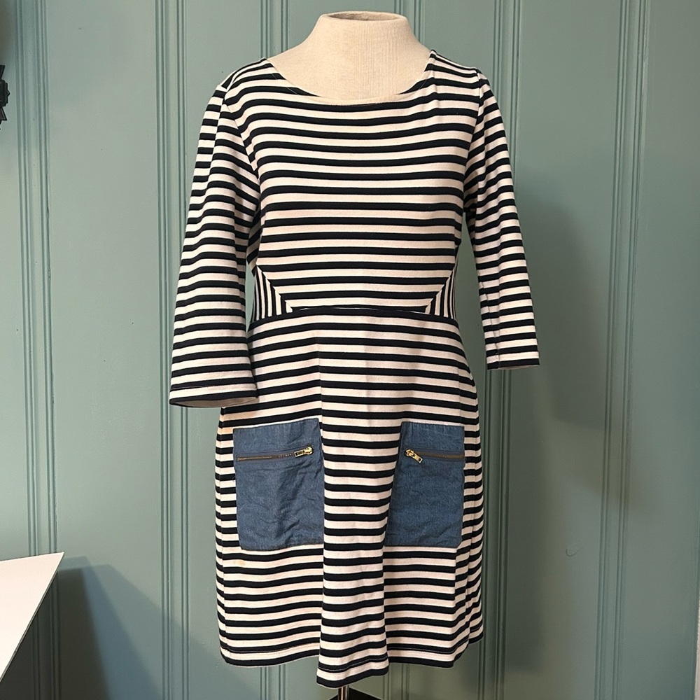 Anthropologie Striped Black and White Dress with Blue Zipper Pockets